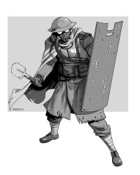 1boy body_armor bullet_hole cloak coat commentary decomposedtaco english_commentary fallout full_body gas_mask grey_background greyscale helmet highres holding holding_shovel male_focus mask monochrome new_california_republic pants shield shoes shovel signature solo standing two-tone_background white_background