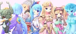 6+girls agitha aoi_rena armor bad_id bad_pixiv_id blonde_hair blue_eyes blue_hair cape earrings empty_eyes fi_(zelda) fins fish_girl gloves grin hand_on_own_hip head_fins helmet highres hyrule_warriors impa jewelry lana_(hyrule_warriors) long_hair lots_of_jewelry midna monster_girl multiple_girls nintendo one_eye_closed pointy_ears princess_ruto princess_zelda purple_eyes red_eyes side_ponytail smile the_legend_of_zelda the_legend_of_zelda:_ocarina_of_time the_legend_of_zelda:_skyward_sword the_legend_of_zelda:_twilight_princess tiara twintails white_hair