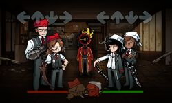 2boys 2girls anger_vein angry belt black_belt black_hair black_jacket black_pants bob_cut clock closed_mouth collared_shirt crossed_arms fire friday_night_funkin&#039; friday_night_funkin&#039;_(style) full_body gauntlets gonghead_0717 gregor_(project_moon) hat headscarf highres indoors jacket lapels limbus_company long_sleeves meursault_(project_moon) multiple_boys multiple_girls necktie notched_lapels outis_(project_moon) pants project_moon red_hat red_necktie ryoshu_(project_moon) shirt short_hair sweat white_hat white_shirt