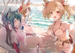 3girls alternate_costume amiya_(arknights) animal_ears arknights bare_shoulders bikini blonde_hair blue_eyes breasts brown_hair character_request highres looking_at_viewer majiro_(mazurka) multiple_girls red_eyes selfie shirt sora_(arknights) swimsuit texas_(arknights) thighs viewfinder white_bikini white_shirt wolf_ears wolf_girl