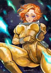 1girl berah_ronah bodysuit commentary dated gundam gundam_f91 highres looking_at_viewer mecha_pilot_suit medium_hair normal_suit_(gundam) okrdisk2000 orange_hair purple_eyes solo space thighs yellow_bodysuit