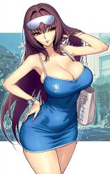 Rule 34 | 1girl, absurdres, bag, bare shoulders, blue dress, breasts, cleavage, collarbone, dress, dynamitenatalia, eyewear on head, fate/grand order, fate (series), highres, large breasts, long hair, looking to the side, purple hair, red eyes, scathach (fate), short dress, shoulder bag, solo, sunglasses, thighs, watch, wristwatch