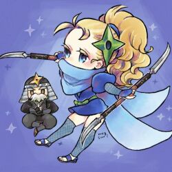 1boy 1girl armor artist_name black_pants black_shirt blonde_hair blue_background blue_dress blue_eyes blue_scarf brown_eyes chibi colored_eyelashes dress dual_wielding facial_hair final_fantasy final_fantasy_v fingerless_gloves fishnet_thighhighs fishnets floating galuf_halm_baldesion gloves grandfather_and_granddaughter grey_hair hair_tie holding japanese_armor juliet_sleeves krile_mayer_baldesion_(ff5) long_sleeves megsuri mustache old old_man pants ponytail puffy_sleeves sandals scarf shirt shuriken_hair_ornament thighhighs toeless_footwear wavy_hair