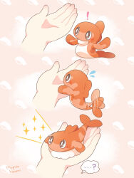 Rule 34 | !, ..., 1other, ?, artist name, bright pupils, brown eyes, commentary request, disembodied hand, flying sweatdrops, food-themed background, highres, in palm, mugita konomi, nintendo, pink background, pokemon, pokemon (creature), sparkle, speech bubble, spoken ellipsis, spoken question mark, tatsugiri, tatsugiri (curly), thought bubble, white pupils