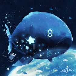 Rule 34 | 1other, absurdres, animal focus, animal request, artist name, astronaut, backpack, bag, closed mouth, fish, fish request, flying fish, gloves, helmet, highres, kazunoko (kazunoko zunoco), original, planet, radio antenna, see-through body, signature, space, space helmet, spacesuit, star (sky), star (symbol), tether, white gloves