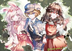 1boy 2girls aged_down animal_ears black_bow black_bowtie black_gloves black_shirt blue_capelet blue_eyes blue_hat blue_shorts bow bowtie brown_hair capelet checkered_clothes dress fake_animal_ears gloves grey_hair hair_bow hat highres holding_hands lee_(pgr) liv_(pgr) long_hair lucia_(pgr) multiple_girls open_mouth pink_bow pink_bowtie pink_dress pink_eyes punishing:_gray_raven rabbit_ears red_dress red_eyes red_streaks shirt short_hair shorts sleepwark_llivi white_bow white_shirt