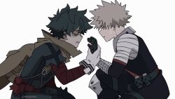 animated animated_gif backpack bag bakudeku bakugou_katsuki bandages blonde_hair boku_no_hero_academia bones_(company) cape closed_eyes comforting crying curly_hair dirty freckles gloves green_hair messy_hair midoriya_izuku mochicchan_ sad shounen_jump spiked_hair superhero_costume sweatdrop tears yaoi