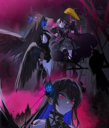 2girls absurdres arm_strap asymmetrical_bangs asymmetrical_horns asymmetrical_legwear belt bird black_cape black_dress black_gloves black_hair black_wings blue_hair blunt_bangs book boots breasts cape choker closed_eyes clothing_cutout colored_inner_hair commentary crow demon_horns detached_sleeves dress fainted feathered_wings flower from_above gloves glowing glowing_eyes glowing_horns hair_ornament hat high_heels highres hololive hololive_english horn_flower horns kneehighs lace-up_boots large_breasts long_hair long_sleeves looking_down low_wings lying medium_hair mole mole_under_eye multicolored_hair multiple_girls multiple_views nerissa_ravencroft nerissa_ravencroft_(1st_costume) on_back open_book red_eyes ribbon serious shiori_novella shiori_novella_(1st_costume) short_dress shoulder_cutout socks split-color_hair striped_sleeves tassel tassel_hair_ornament thighhighs uneven_horns uneven_legwear unworn_hat unworn_headwear virtual_youtuber white_hair wings witch_hat yomosaka