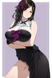 1girl arms_under_breasts bare_arms bare_shoulders black_dress black_gloves black_hair blush border bow braid breasts clothes_lift collared_robe commentary commission contrapposto cowboy_shot dress dress_bow dress_lift flower frilled_dress frills fuooooo gloves grin groin hair_flower hair_ornament hair_over_one_eye hair_over_shoulder hair_ribbon half-closed_eyes highres jewelry large_breasts lifting_own_clothes long_hair looking_at_viewer necklace nijisanji no_panties official_alternate_costume orange_eyes outside_border parted_bangs parted_lips pixiv_commission purple_background purple_bow purple_flower purple_rose ribbon rose shirayuki_tomoe shirayuki_tomoe_(3rd_costume) side_slit simple_background single_braid sleeveless sleeveless_dress smile solo standing steaming_body sweat two-tone_dress virtual_youtuber white_border white_dress