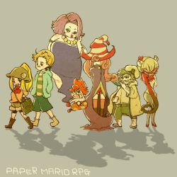 3boys 4girls admiral_bobbery bad_id bad_pixiv_id bowl bowl_hat breasts cloak copyright_name floating flurrie from_side ghost goombella grey_background hat jacket koops large_breasts long_sleeves madame_flurrie mario_(series) ms._mowz multiple_boys multiple_girls nintendo noguron nokotarou open_clothes open_jacket paper_mario paper_mario:_the_thousand_year_door personification shorts super_mario_rpg vivian_(paper_mario) walking witch_hat yoshi