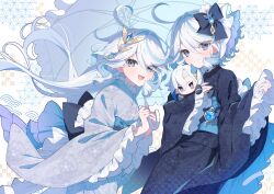 2girls :&lt; :d absurdres ahoge alternate_costume asa_no_ha_(pattern) back_bow black_bow black_kimono blue_eyes blue_gemstone blue_sash blue_streaks blush_stickers bow character_doll checkered_background closed_mouth curly_hair drop-shaped_pupils eyelashes floating_hair floral_print floral_print_kimono frilled_kimono frilled_sleeves frills furina_(genshin_impact) furisode gem gem_hair_ornament genshin_impact grey_kimono hair_bow hair_intakes hair_ornament hands_up highres holding holding_umbrella hugging_doll hugging_object japanese_clothes kimono long_hair long_sleeves looking_at_viewer mochizuki_mochi multicolored_hair multiple_girls neuvillette_(genshin_impact) obi obiage obijime open_mouth parasol patterned_background print_kimono purple_eyes sash seigaiha short_hair smile streaked_hair symbol-shaped_pupils two-handed umbrella unmoving_pattern v-shaped_eyebrows vision_(genshin_impact) white_background white_hair white_umbrella wide_sleeves