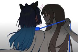 2girls animal_ear_hairband animal_ears blue_hair blush brown_hair caos cat_ear_hairband cat_ears closed_mouth collarbone commentary fake_animal_ears gradient_background grey_background hairband heart heart-shaped_pupils holding holding_leash hololive hololive_english leash long_hair looking_at_another multicolored_hair multiple_girls nanashi_mumei nude ouro_kronii symbol-only_commentary symbol-shaped_pupils two-tone_hair upper_body virtual_youtuber yuri