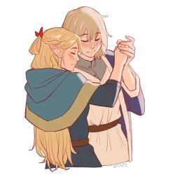 2girls belt blonde_hair blue_capelet blue_coat blue_dress blush bow brown_belt capelet closed_eyes closed_mouth coat dancing dress dungeon_meshi elf falin_touden grey_shirt half_updo highres holding_hands long_hair marcille_donato multiple_girls oliviajoytaylor pointy_ears red_bow shirt short_hair simple_background twitter_username upper_body very_long_hair white_background white_dress yuri