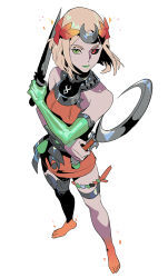 1girl ancient_greek_clothes asymmetrical_arms black_sclera blonde_hair bone byuub colored_sclera dress glowing_arm greco-roman_clothes green_eyes green_lips hades_(series) hades_2 holding_sickle laurel_crown melinoe_(hades) mismatched_sclera orange_dress see-through_body sickle skeletal_arm