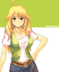 10s 1girl ahoge belt blonde_hair collarbone female_focus green_eyes hand_on_own_hip hip_focus hoshii_miki idolmaster idolmaster_(classic) idolmaster_2 long_hair skirt smile solo star_(symbol) yn_red