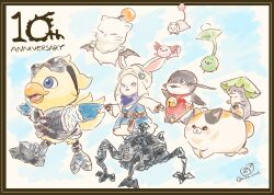 anniversary bell black_border blue_eyes border character_request chinese_clothes chocobo commentary_request dudou final_fantasy final_fantasy_xiv grey_wings hat highres jingle_bell moogle neck_bell no_humans rino_cnc robot turban twitter_username white_hat wings