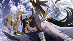2girls absurdres ahoge bird black_shorts boots breasts commentary_request hapwind high-waist_shorts highres jacket large_breasts multiple_girls ponytail shirt shorts siblings single_hair_intake sisters sitting thigh_strap thighs white_boots white_hair white_shirt yellow_eyes yellow_jacket yijiang_(zenless_zone_zero) yixuan_(zenless_zone_zero) zenless_zone_zero