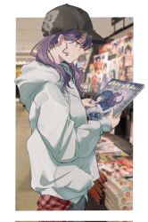 1girl animal_print baseball_cap border brown_hat butterfly_print cowboy_shot from_side gakuen_idolmaster glasses grey_hoodie hair_between_eyes hat hataya_misuzu highres holding holding_magazine hood hoodie idolmaster kaya_rinha light_blush light_smile long_sleeves looking_at_object magazine_(object) medium_hair nami_(wa98449) profile purple_eyes purple_hair sidelocks solo tsukimura_temari twintails white_border
