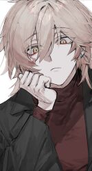 Rule 34 | 1boy, alternate costume, black suit, casual, closed mouth, ear piercing, formal clothes, head rest, highres, honkai: star rail, honkai (series), looking at viewer, male focus, mydei (honkai: star rail), orange hair, piercing, red shirt, shirt, simple background, solo, suit, sunset 1830, upper body, white background, yellow eyes
