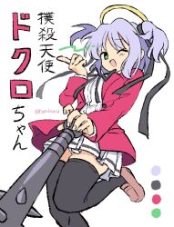 1girl angel black_ribbon black_thighhighs blazer blush bokusatsu_tenshi_dokuro-chan breasts character_name club_(weapon) color_guide excalibolg green_eyes halo holding holding_club holding_weapon jacket mitsukai_dokuro neck_ribbon one_eye_closed open_mouth pleated_skirt purple_hair ramudia_(lamyun) ribbon school_uniform shirt skirt smile solo thighhighs weapon white_background white_shirt white_skirt