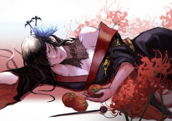 1girl absurdres bare_shoulders bat_hair_ornament black_hair black_kimono breasts cowboy_shot etro_(3198680092) expressionless final_fantasy final_fantasy_xiv flower food fruit green_eyes hair_flower hair_ornament highres holding holding_food holding_fruit hyur japanese_clothes kimono kiseru long_hair lying mole mole_under_mouth off_shoulder on_side parted_lips persimmon red_flower red_trim smoking_pipe solo spider_lily yotsuyu_goe_brutus