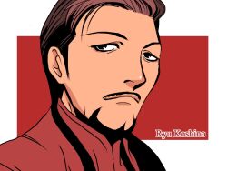 1girl bad_tag brown_hair closed_mouth commentary_request crossdressing crossdressing_(ftm) fake_facial_hair fake_mustache koshino_ryu looking_at_viewer lord_fulgencio_capulet onikobe_rin real_life red_background red_shirt romeo_and_juliet shirt short_hair solo two-tone_background upper_body white_background