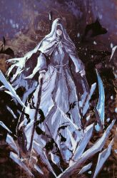 1girl black_hood boss_fight closed_mouth dark_souls_(series) dark_souls_iii dress dual_wielding full_body grey_dress holding holding_scythe holding_weapon huanyan420112 ice long_dress nun scythe shaded_face sister_friede solo weapon