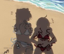 2girls ahoge an_sin araga_kiwi beach bikini butt_plug day dressed_shadow_(meme) flying_sweatdrops mahou_shoujo_ni_akogarete meme minakami_sayo multiple_girls ocean outdoors sex_toy shadow swimsuit