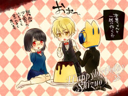Rule 34 | 1boy, 2girls, argyle background, black bodysuit, black hair, black vest, blonde hair, bodysuit, bow, bowtie, celty sturluson, chibi, chibi only, dullahan, durarara!!, food, glasses, happy birthday, heiwajima shizuo, helmet, loup-garou, multiple girls, pudding, red bow, red bowtie, red eyes, school uniform, sitting, skirt, socks, sonohara anri, sparkling eyes, vest, white socks, yellow eyes
