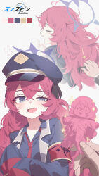 1boy 1girl absurdres armband arrow_(symbol) artist_name black_hat black_jacket blue_archive blush brushing_another&#039;s_hair brushing_hair grey_background grey_eyes grey_halo halo hat highres iroha_(blue_archive) jacket multiple_views necktie open_mouth red_armband red_necktie sensei_(blue_archive) simple_background sleeves_past_fingers sleeves_past_wrists sushispin yawning
