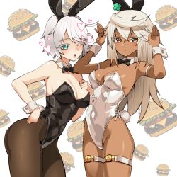 2girls animal_ear_hairband animal_ears bare_shoulders black_bow black_bowtie black_leotard black_pantyhose blue_eyes bow bowtie breasts brown_hair burger cleavage commentary cowboy_shot dark-skinned_female dark_skin detached_collar elphelt_valentine english_commentary fake_animal_ears food grey_hair guilty_gear hairband heart highleg highleg_leotard highres leotard long_hair medium_breasts multiple_girls n0_image one_eye_closed pantyhose playboy_bunny rabbit_ears rabbit_pose rabbit_tail ramlethal_valentine strapless strapless_leotard tail thigh_strap white_hair white_leotard wrist_cuffs
