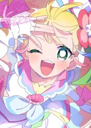 1girl blonde_hair blue_neckerchief bow colored_eyelashes commentary_request cowboy_shot crop_top cure_summer dot_nose elbow_gloves fingerless_gloves flower frilled_skirt frills gloves green_eyes hair_flower hair_ornament hand_on_own_head happy highres light_blush long_hair looking_at_viewer magical_girl midriff miniskirt natsuumi_manatsu neckerchief one_eye_closed open_mouth paru_rari pink_bow pink_sailor_collar precure red_flower sailor_collar shell_brooch shirt side_ponytail skirt skirt_set sleeveless sleeveless_shirt smile solo teeth tropical-rouge!_precure twitter_username upper_teeth_only very_long_hair watermark white_gloves white_shirt white_skirt wrist_bow