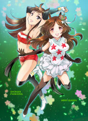 2girls :d animal_ears arms_up black_gloves black_thighhighs breasts brown_eyes brown_hair character_name cleavage crown dress elbow_gloves gloves green_background grey_eyes horse_ears medium_breasts midirff mikki_queen mini_crown mira_(peachpulsar) multiple_girls open_mouth personification red_shorts ribbon shoes shonan_pandora short_sleeves shorts small_breasts smile tail thighhighs umabi white_dress white_ribbon white_shoes