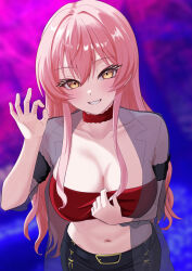1girl absurdres black_pants blush breasts choker cleavage coat collarbone fellatio_gesture grey_coat hair_between_eyes highres idolmaster idolmaster_cinderella_girls jougasaki_mika long_hair looking_at_viewer medium_breasts naughty_face navel pants pink_hair red_choker red_shirt see-through_clothes see-through_coat shirt smile solo strapless teasing torikago_(birdcage627) tube_top yellow_eyes