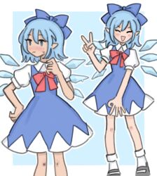 1girl 2girls ^_^ ankle_socks blue_bow blue_dress blue_eyes blue_hair blush bow cirno cirno_day closed_eyes collar_tug collared_shirt cowboy_shot detached_wings dress fairy full_body hair_bow hand_on_own_hip hand_up highres ice ice_wings mary_janes multiple_girls multiple_views open_mouth pinafore_dress pointy_ears puffy_short_sleeves puffy_sleeves shirt shoes short_hair short_sleeves sleeveless sleeveless_dress smile socks standing susu_(mikufanclub) sweatdrop touhou v white_socks wings