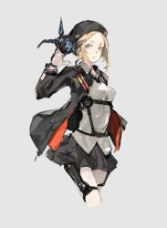 Rule 34 | 1girl, black hat, black jacket, black skirt, blonde hair, chest harness, collared shirt, commentary, cropped legs, harness, hat, jacket, long sleeves, looking at viewer, neco, original, shirt, skirt, solo, white eyes, white shirt, yellow eyes