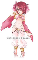 1girl animal_ears arima_natsubon bikini bow breasts cat_ears cat_girl commentary_request detached_sleeves full_body grin gypsy_(ragnarok_online) hair_between_eyes hair_over_one_eye harem_pants looking_at_viewer medium_breasts mismatched_bikini navel pants pink_bikini pink_bow pink_eyes pink_sandals pink_sleeves ragnarok_online red_hair sandals see-through_clothes see-through_pants short_hair simple_background smile solo standing swimsuit white_background white_pants yellow_bikini