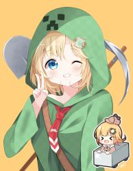 1girl blonde_hair blue_eyes blush chibi chibi_inset commentary cosplay creeparka creeper creeper_(cosplay) deyui grin hair_ornament highres hololive hololive_english hood hoodie long_sleeves looking_at_viewer minecart minecraft multiple_views necktie one_eye_closed open_mouth orange_background pickaxe red_neckwear short_hair shovel simple_background smile striped upper_body v virtual_youtuber watson_amelia