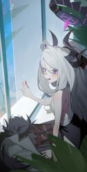 1girl absurdres ahoge armband black_coat black_halo black_skirt blue_archive blush breasts butterfly_hair_ornament coat demon_girl demon_horns hair_ornament halo highres hina_(blue_archive) horns indoors long_hair looking_at_viewer open_mouth purple_eyes red_armband skirt small_breasts solo white_hair yoni_(zhang)