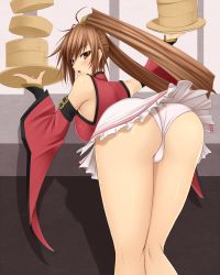 1girl :o ahoge akitsuki_karasu arc_system_works arm_strap armpits ass bamboo_steamer bare_shoulders bent_over blush breasts brown_eyes brown_hair buckle can china_dress chinese_clothes clothes_lift detached_sleeves dress eyebrows female_focus from_behind guilty_gear hair_between_eyes hair_ornament hair_rings hair_tubes halterneck hands_up holding holding_tray kneepits kuradoberi_jam large_breasts legs_together long_hair long_sleeves looking_at_viewer looking_back miniskirt open_mouth outstretched_arm panties pantyshot shadow side_slit sideboob sidelocks skirt skirt_lift solo surprised thighs tray turtleneck underwear very_long_hair waitress white_panties white_skirt wide_sleeves