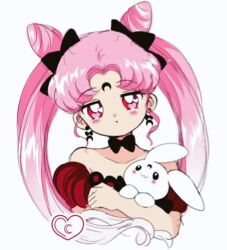 1990s_(style) 1girl animal bad_id bad_twitter_id bare_arms bare_shoulders bishoujo_senshi_sailor_moon black_bow black_bowtie black_lady_(sailor_moon) bored bow bow_choker bow_earrings bowtie bright_pupils choker collarbone commentary cone_hair_bun crescent crescent_earrings crescent_facial_mark cropped_torso crossed_arms dot_nose double_bun dress earrings english_commentary eyelashes facial_mark faux_retro_artstyle forehead_mark hair_bow hair_bun head_tilt heart heart_in_eye highres holding holding_animal holding_rabbit honeymoonpetal jewelry jitome light_blush lipstick long_hair looking_at_viewer makeup off-shoulder_dress off_shoulder official_style parted_bangs parted_lips pink_hair puffy_short_sleeves puffy_sleeves rabbit red_dress red_eyes red_lips retro_artstyle short_sleeves simple_background solo symbol_in_eye twintails very_long_hair watermark white_background white_pupils