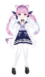 1girl absurdres ahoge anchor_symbol animal_ears blue_choker blue_hairband blue_nails blush bow breasts cat_ears choker colored_inner_hair frilled_sailor_collar frills full_body hairband high-waist_skirt highres hololive jacket long_hair long_sleeves looking_at_viewer minato_aqua minato_aqua_(sailor) multicolored_hair nikkui nyan official_alternate_costume pantyhose pink_eyes pink_hair ribbon_choker sailor_collar school_uniform serafuku skirt solo twintails two-tone_hair virtual_youtuber white_background white_pantyhose