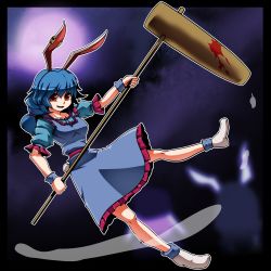 1girl ambiguous_red_liquid animal_ears black_border blue_dress blue_hair border collarbone dress earclip eyebrows female_focus frilled_dress frills full_body holding holding_weapon kikoka_(mizuumi) kine looking_at_viewer low_ponytail mallet open_mouth ponytail puffy_short_sleeves puffy_sleeves rabbit_ears rabbit_tail red_eyes sash seiran_(touhou) shoes short_sleeves smile solo tail touhou weapon white_shoes wristband