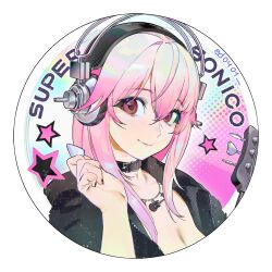 Rule 34 | 1girl, blush, breasts, ed0401, headphones, highres, long hair, looking at viewer, nitroplus, pink hair, red eyes, smile, solo, soniani, super sonico