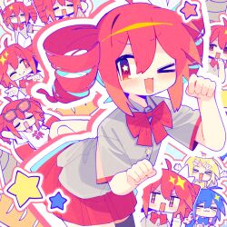 Rule 34 | &gt; o, + +, :3, ;), ;d, ahoge, aoi tsuyu, blush, bow, bowtie, character request, chibi, closed mouth, collared shirt, commentary request, cowboy shot, drill hair, grey shirt, hair between eyes, kagamine rin, kasane teto, miniskirt, one eye closed, open mouth, outline, pleated skirt, red bow, red bowtie, red eyes, red hair, red skirt, shirt, short hair, short sleeves, skirt, smile, sparkle, star-shaped pupils, star (symbol), symbol-shaped pupils, thumbs up, twin drills, utau, vocaloid, white outline