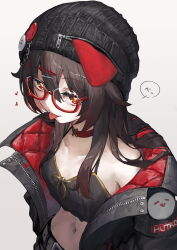 1girl absurdres alternate_costume badge beanie belt black_camisole black_jacket breasts brown_belt button_badge camisole choker collarbone commentary_request crop_top ebiri_fy flower-shaped_pupils from_side genshin_impact hair_between_eyes hair_ornament hairpin hat hat_ornament heart highres hu_tao_(genshin_impact) jacket long_hair looking_at_viewer midriff multiple_hairpins navel open_clothes open_jacket red-framed_eyewear red_choker red_eyes semi-rimless_eyewear sidelocks simple_background single_off_shoulder small_breasts solo stomach symbol-shaped_pupils tongue tongue_out two-sided_fabric two-sided_jacket upper_body white_background