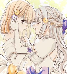 2girls bang_dream! bang_dream!_it&#039;s_mygo!!!!! blonde_hair blue_hair bow braid ccc_cloudy closed_eyes closed_mouth commentary dress elbow_gloves flower gloves hair_bow hair_flower hair_ornament half_up_braid highres long_hair medium_hair misumi_uika multiple_girls off-shoulder_dress off_shoulder open_mouth puffy_short_sleeves puffy_sleeves purple_bow purple_eyes short_sleeves smile symbol-only_commentary togawa_sakiko wedding_dress white_gloves yellow_bow yellow_flower yuri