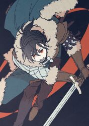 Rule 34 | 1boy, aqua cape, aqua tunic, armor, black hair, boots, brown gloves, cape, commentary request, dynamic pose, felix hugo fraldarius, felix hugo fraldarius (timeskip), fire emblem, fire emblem: three houses, floating cape, full body, fur-trimmed cape, fur-trimmed collar, fur-trimmed gloves, fur trim, gloves, highres, holding, holding sword, holding weapon, leather armor, male focus, nintendo, open mouth, ousui, pauldrons, ponytail, red eyes, short ponytail, shoulder armor, single pauldron, solo, sword, tassel, thigh boots, tunic, twitter username, weapon, white fur