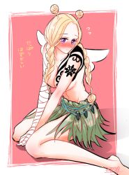 1girl angel_wings antenna_hair bandaged_arm bandages barefoot blush border braided_twintails breasts cleavage conis_(one_piece) expressionless grass_skirt medium_breasts navel one_piece pink_background purple_eyes shadow shina_(ooo417ooo) solo tattoo topless_female white_border white_wings wings