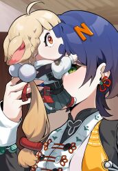 2girls absurdres ahoge alice_thymefield animal_ears belle_(delicate_sunlight)_(zenless_zone_zero) belle_(zenless_zone_zero) blue_hair blush chibi chinese_clothes green_eyes green_skirt guli_(guli0572) hair_ornament highres letter_hair_ornament long_hair multiple_girls orange_eyes pom_pom_(clothes) pom_pom_hair_ornament shirt skirt twintails upper_body white_shirt zenless_zone_zero